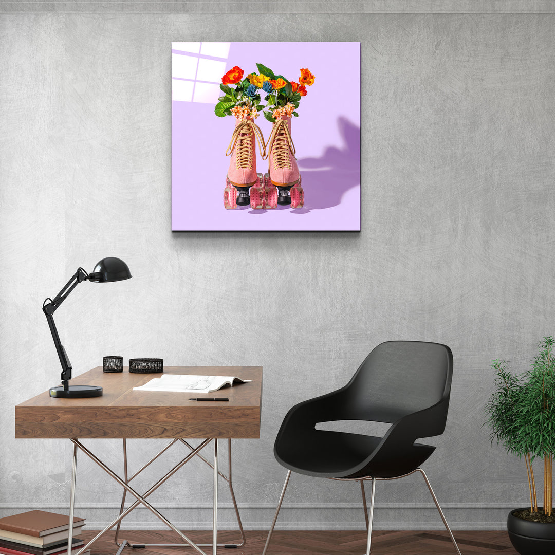 ."Pink Skates Retro". Designer's Collection Glass Wall Art