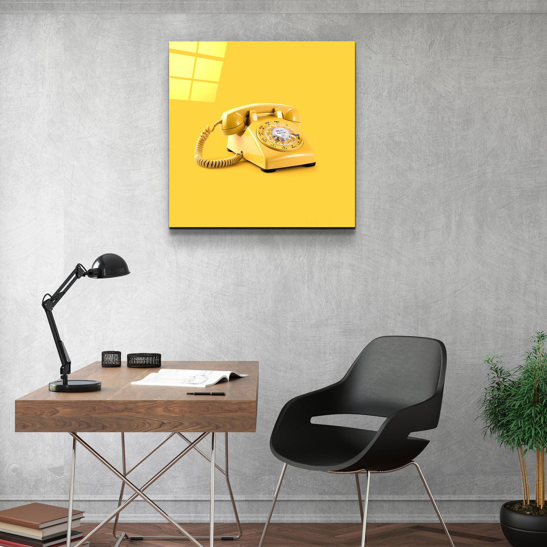 ."Yellow Retro Phone". Designer's Collection Glass Wall Art