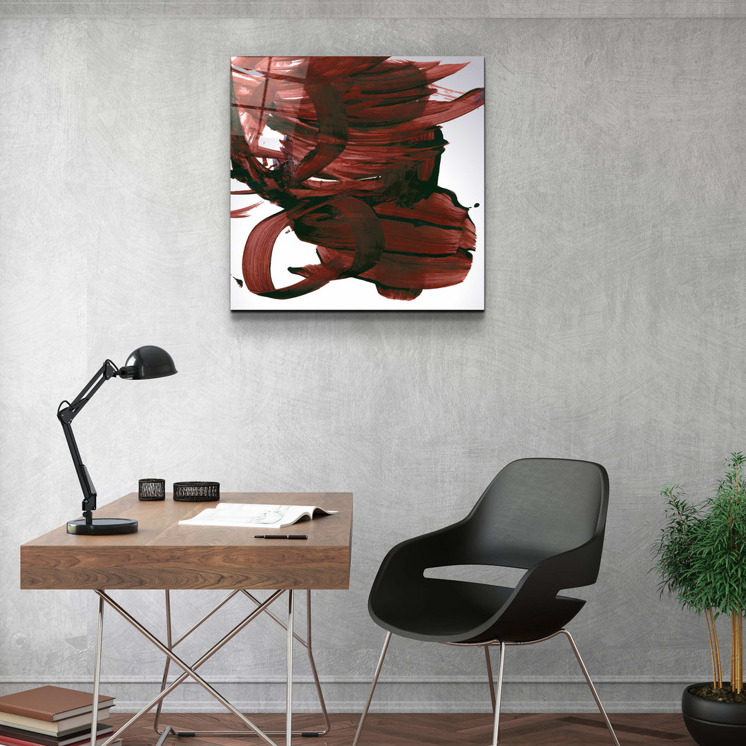 ."Dark Red Abstract Brush Strokes". Designer's Collection Glass Wall Art