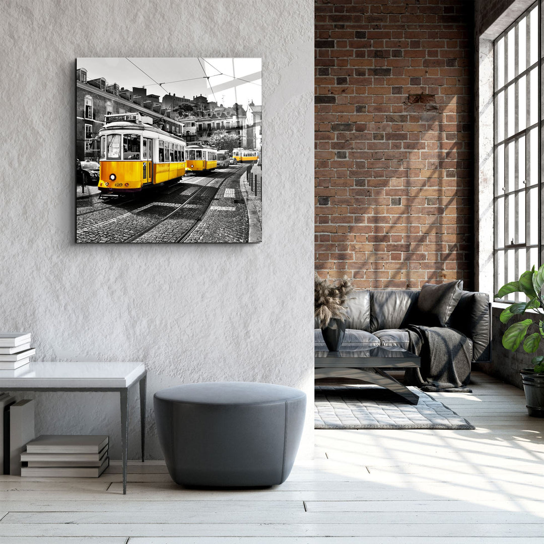 ・"Lisbon Yellow Tram"・Glass Wall Art | Artdesigna Glass Printing Wall Arts.