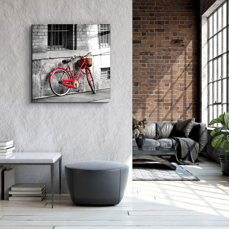 ・"Red Bicycle"・Glass Wall Art | Artdesigna Glass Printing Wall Arts.