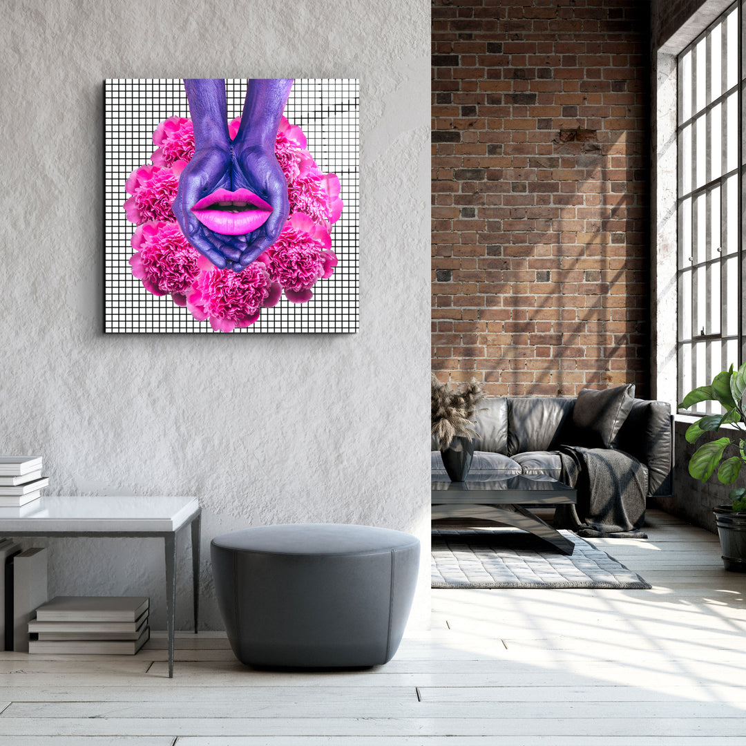 ・"Pink Flowers and Lips"・Glass Wall Art | Artdesigna Glass Printing Wall Arts.