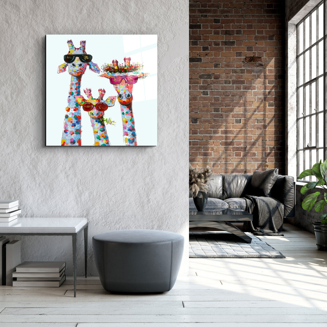 ."Funny Giraffe Family". Designer's Collection Glass Wall Art