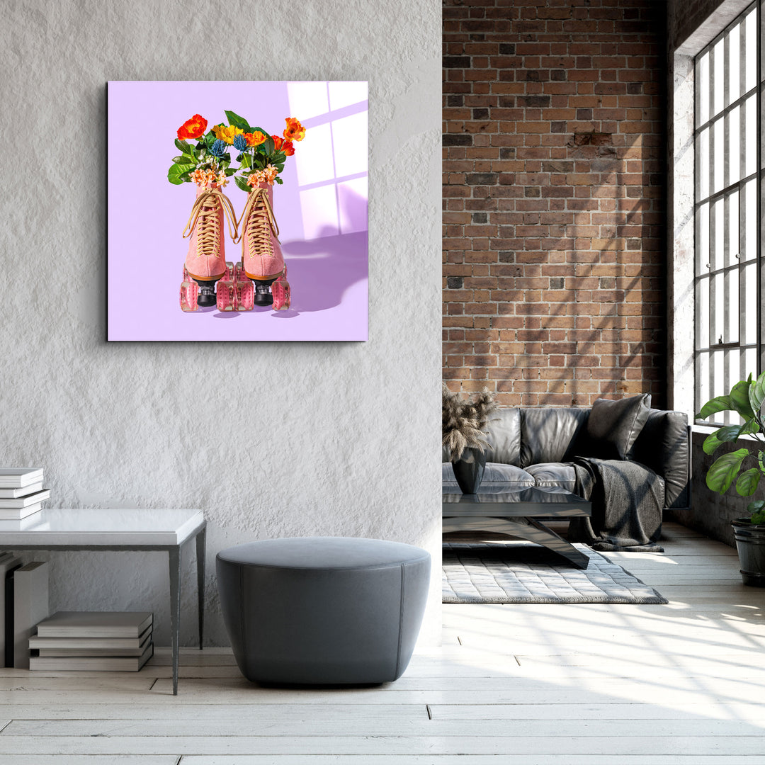 ."Pink Skates Retro". Designer's Collection Glass Wall Art