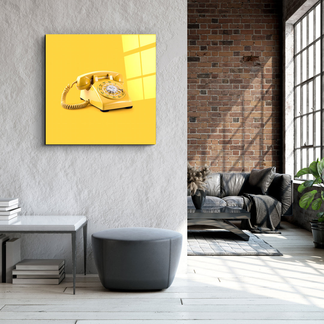 ."Yellow Retro Phone". Designer's Collection Glass Wall Art