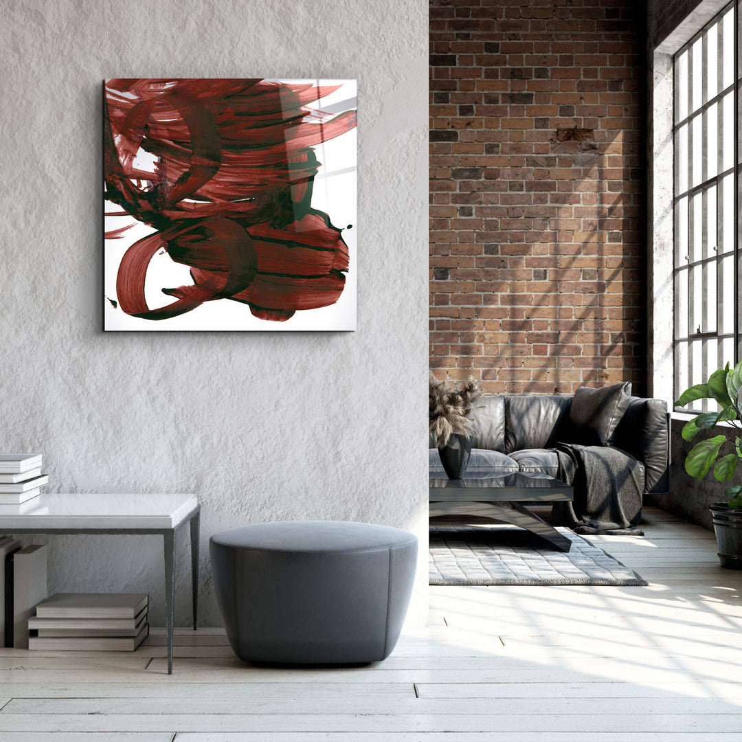 ."Dark Red Abstract Brush Strokes". Designer's Collection Glass Wall Art