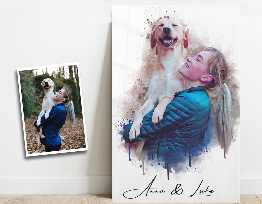 ."Watercolor Portrait - You & Your Pet - Custom Printing". Glass Wall Art | Artdesigna Glass Printing Wall Arts.