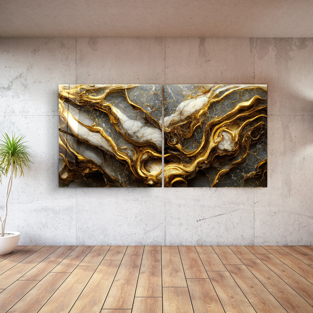 ・"Golden Roots in the Marble - Duo"・Glass Wall Art