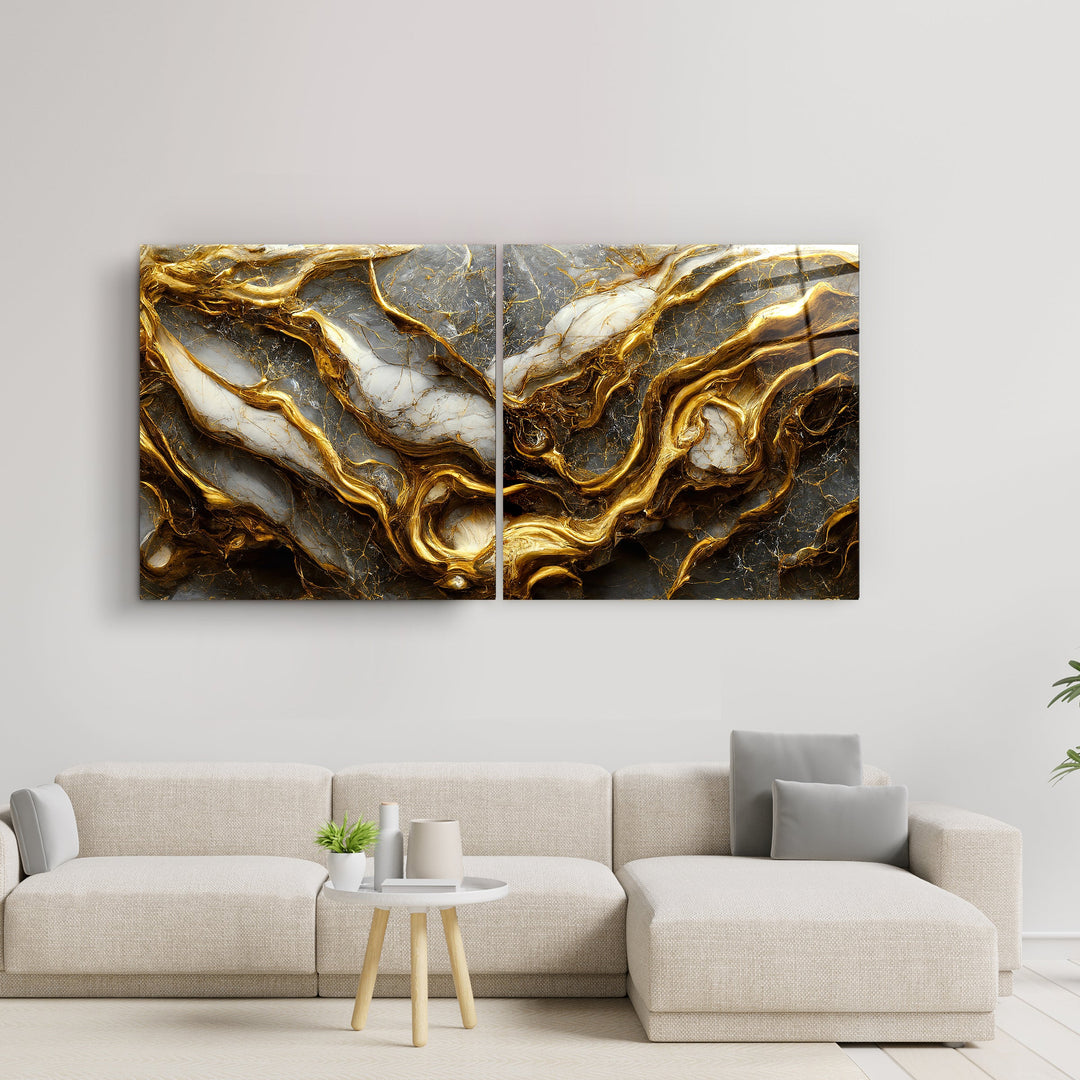 ・"Golden Roots in the Marble - Duo"・Glass Wall Art