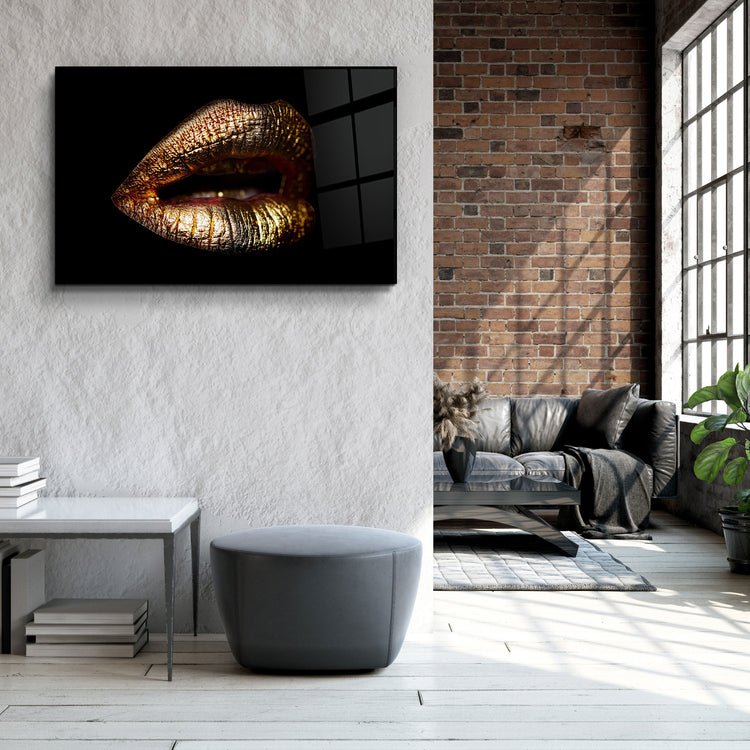 ・"Golden Lips"・Glass Wall Art | Artdesigna Glass Printing Wall Arts.