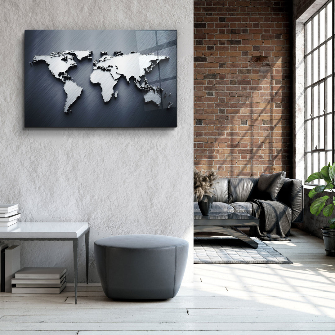 ・"Metallic Blue World Map"・Glass Wall Art | Artdesigna Glass Printing Wall Arts.