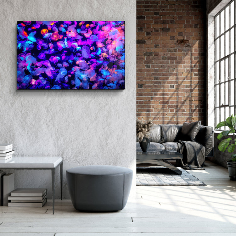 ・"The Colorful Jellyfishes"・Glass Wall Art | Artdesigna Glass Printing Wall Arts.