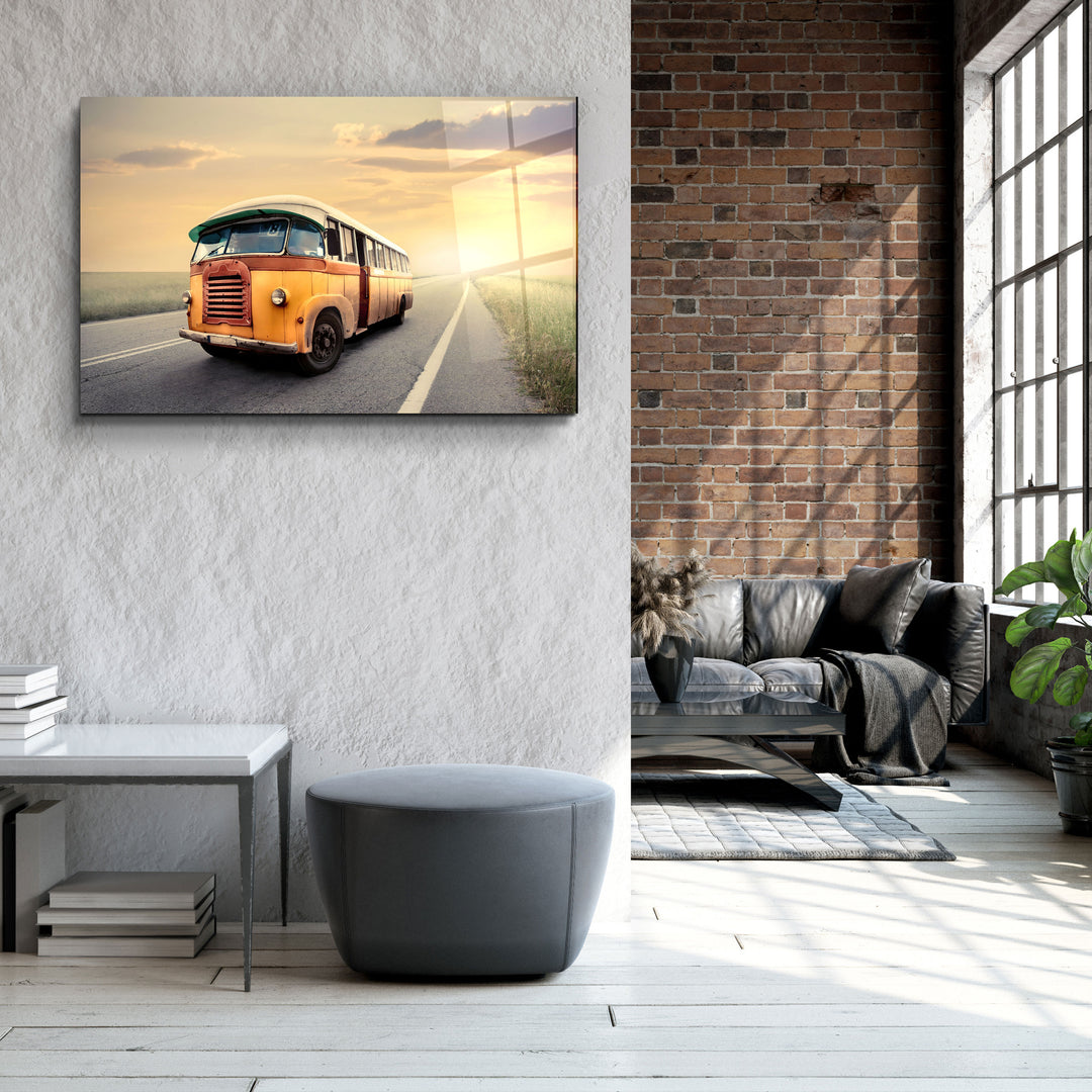 ・"The Vintage Bus With Sunset"・Glass Wall Art | Artdesigna Glass Printing Wall Arts.