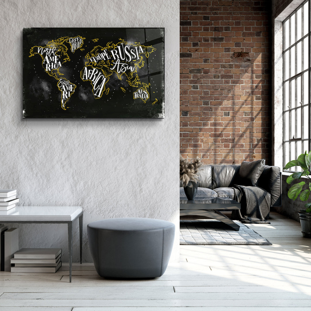 ・"World Map With Yellow Lines"・Glass Wall Art | Artdesigna Glass Printing Wall Arts.