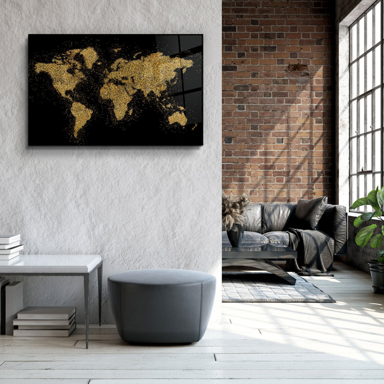 ・"World Map In Golden"・Glass Wall Art | Artdesigna Glass Printing Wall Arts.