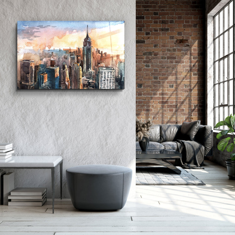 ・"New York Watercolor Painting"・Glass Wall Art | Artdesigna Glass Printing Wall Arts.