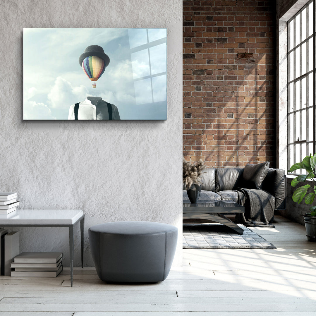 ・"Man With Hot Air Balloon Head"・Glass Wall Art | Artdesigna Glass Printing Wall Arts.