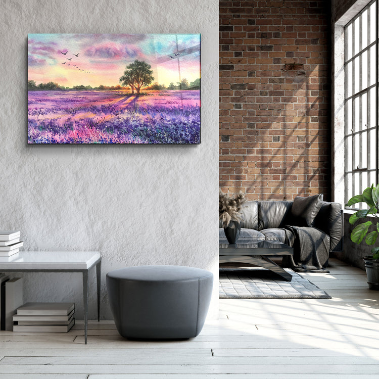 ・"Sunset Meadow Painting"・Glass Wall Art | Artdesigna Glass Printing Wall Arts.