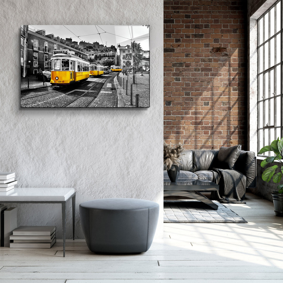 ・"Yellow Tram (Lisbon)"・Glass Wall Art | Artdesigna Glass Printing Wall Arts.