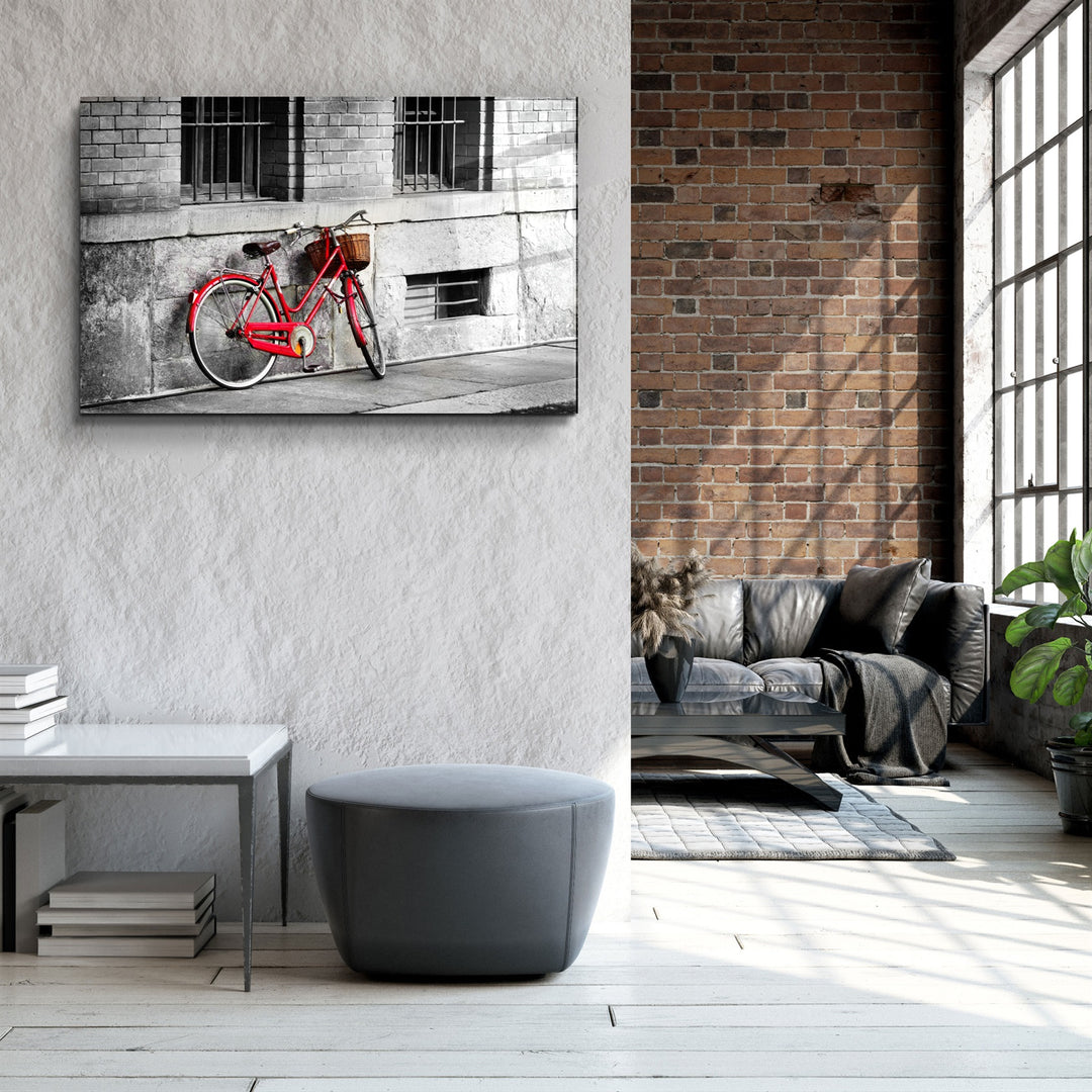 ・"Red Bicycle"・Glass Wall Art | Artdesigna Glass Printing Wall Arts.