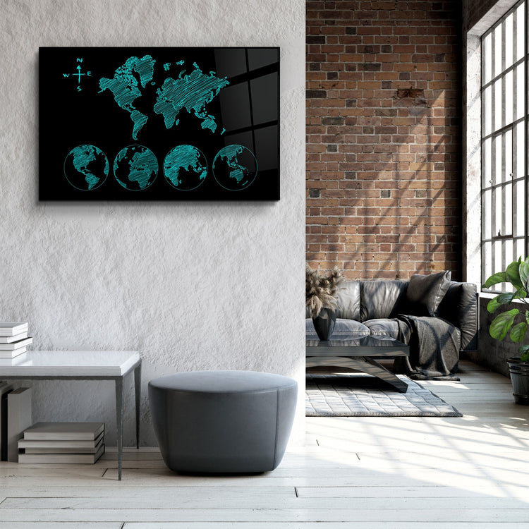 ・"World Map Green"・Glass Wall Art | Artdesigna Glass Printing Wall Arts.