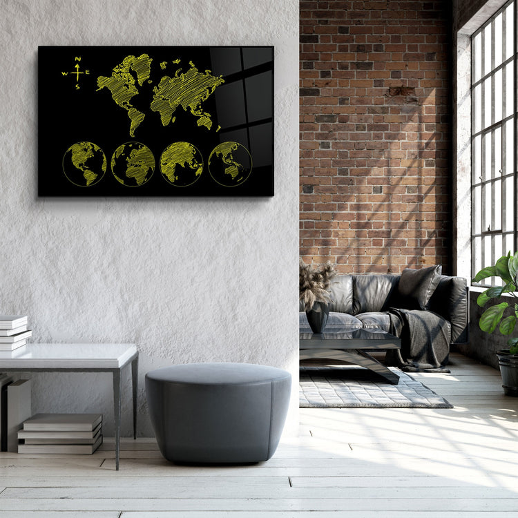 ・"World Map Black-Yellow"・Glass Wall Art | Artdesigna Glass Printing Wall Arts.