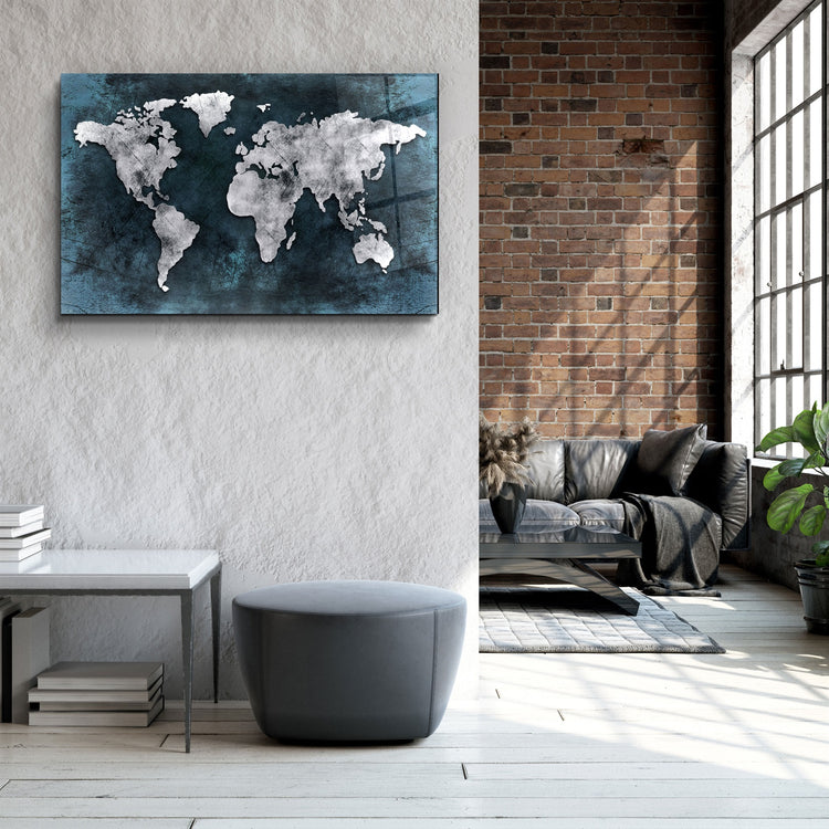 ・"World Map Blue-Silver"・Glass Wall Art | Artdesigna Glass Printing Wall Arts.