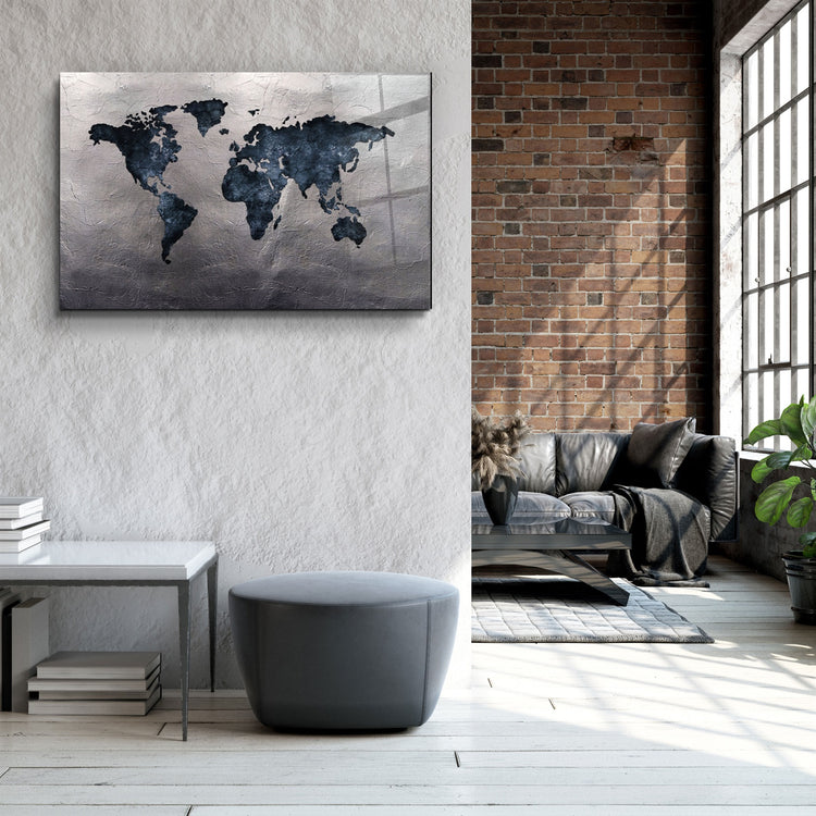 ・"World Map Blue-Silver2"・Glass Wall Art | Artdesigna Glass Printing Wall Arts.