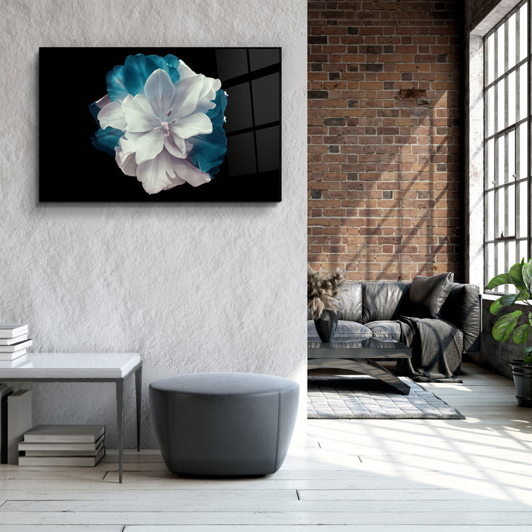 ・"Flower with Blue Leaves"・Glass Wall Art | Artdesigna Glass Printing Wall Arts.