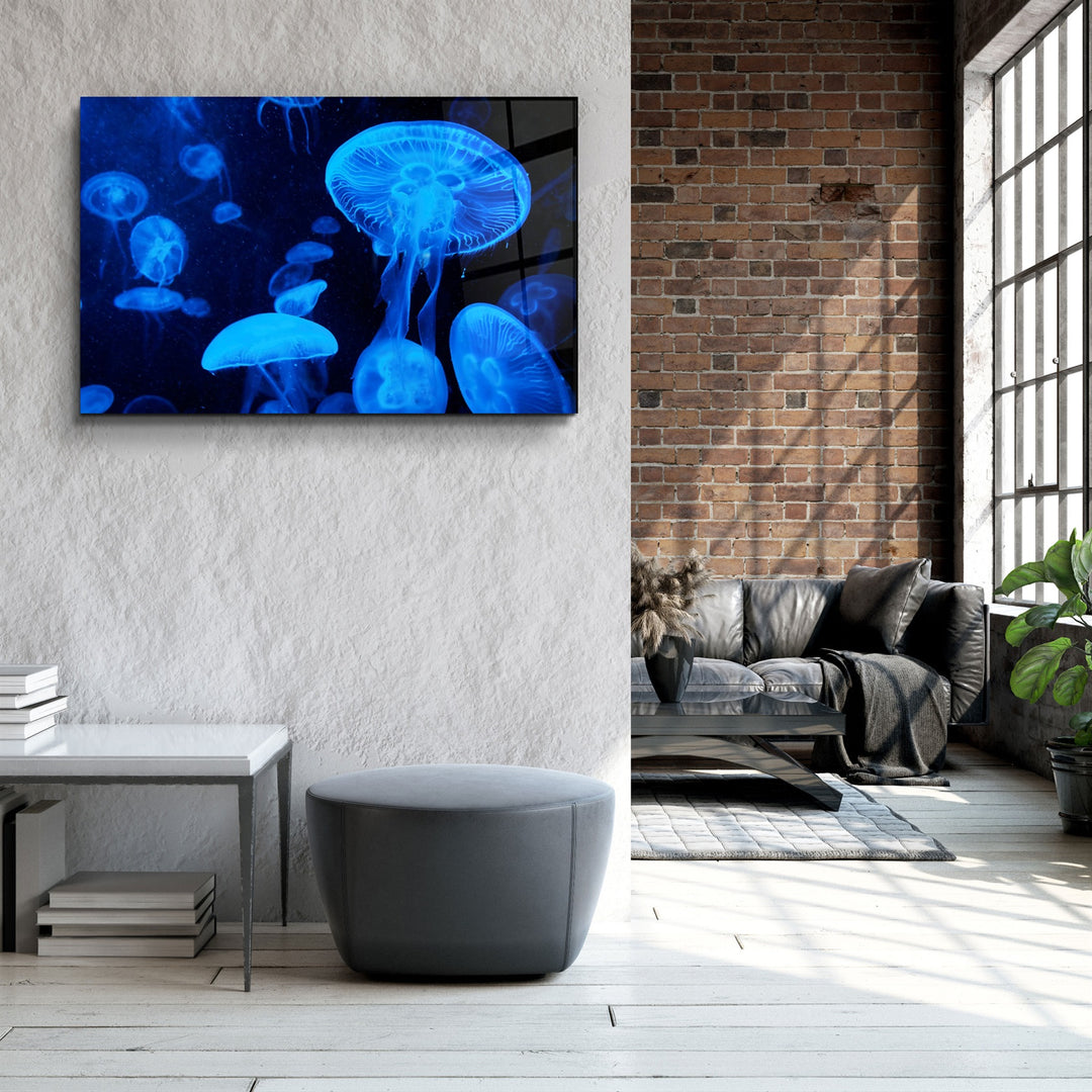 ・"Blue Jellyfish"・Glass Wall Art | Artdesigna Glass Printing Wall Arts.