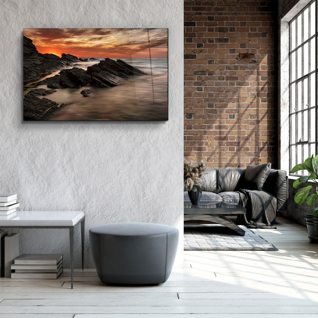 ・"Sharp Rocks and Sunset"・Glass Wall Art | Artdesigna Glass Printing Wall Arts.