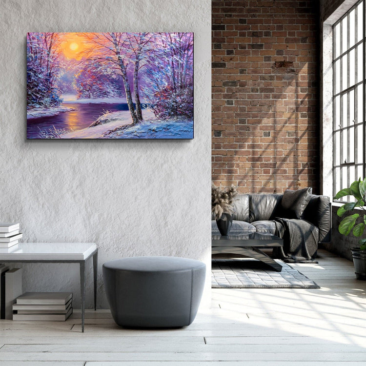 ・"Oil Painting Winter Sunset"・Glass Wall Art | Artdesigna Glass Printing Wall Arts.