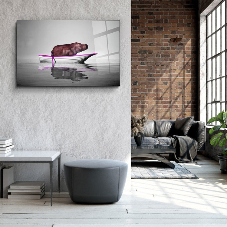 ・"Hippo on the Boat 2"・Glass Wall Art | Artdesigna Glass Printing Wall Arts.