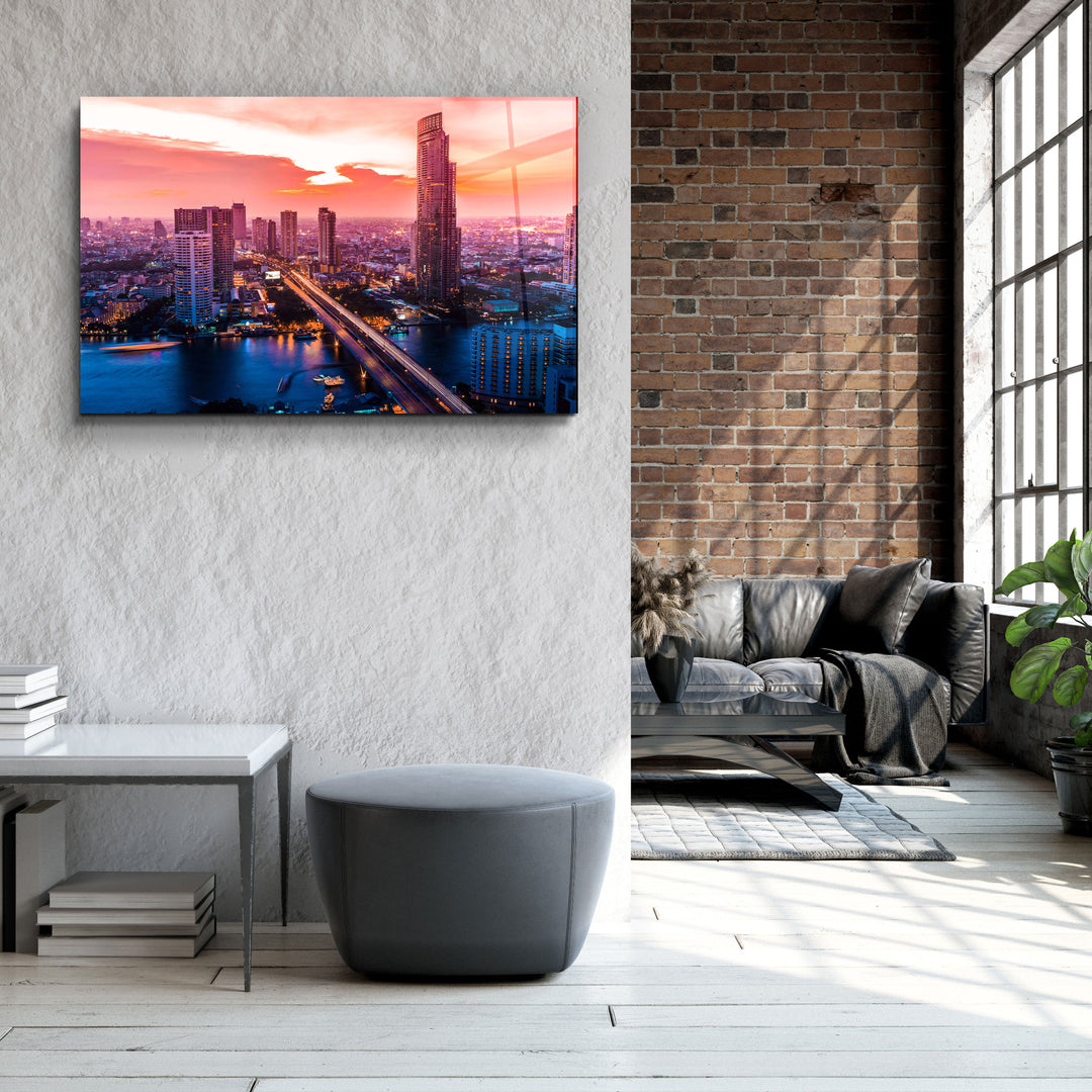 ・"Beautiful cityscape Bangkok business district and residential. In the twilight, Thailand"・Glass Wall Art