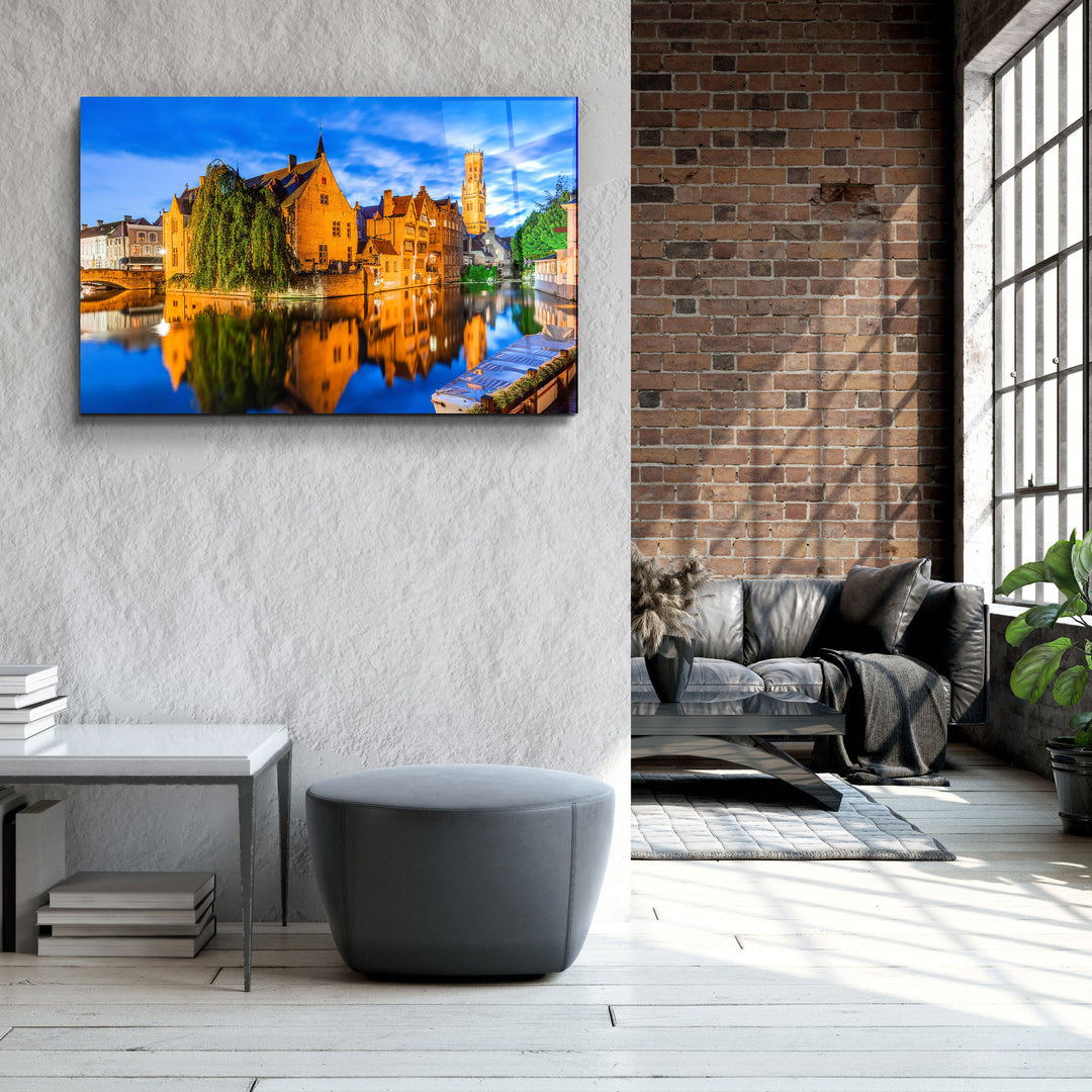 ・"Bruges, Belgium. The Rozenhoedkaai canal in Bruges with the Belfry"・Glass Wall Art