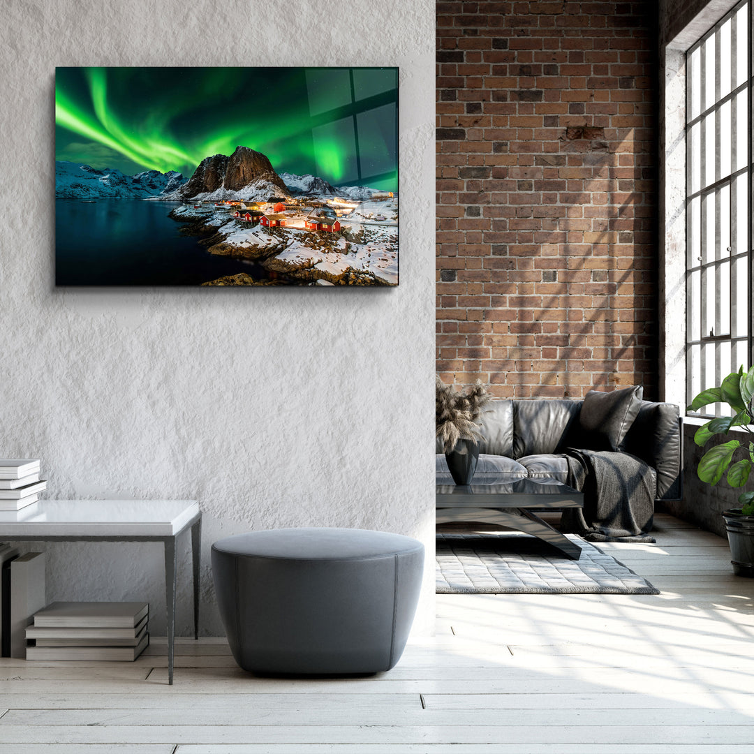 ・"Aurora borealis over Hamnoy in Norway"・Glass Wall Art