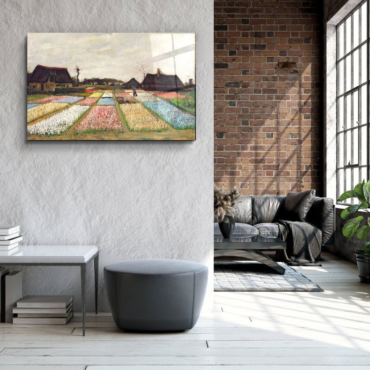 ・"Van Gogh art print, vintage Flower Beds in Holland wall decor (1883)"・Glass Wall Art | Artdesigna Glass Printing Wall Arts.