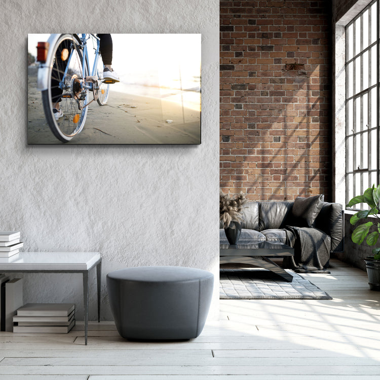 ・"Riding A Bike On The Calm Beach"・Glass Wall Art | Artdesigna Glass Printing Wall Arts.