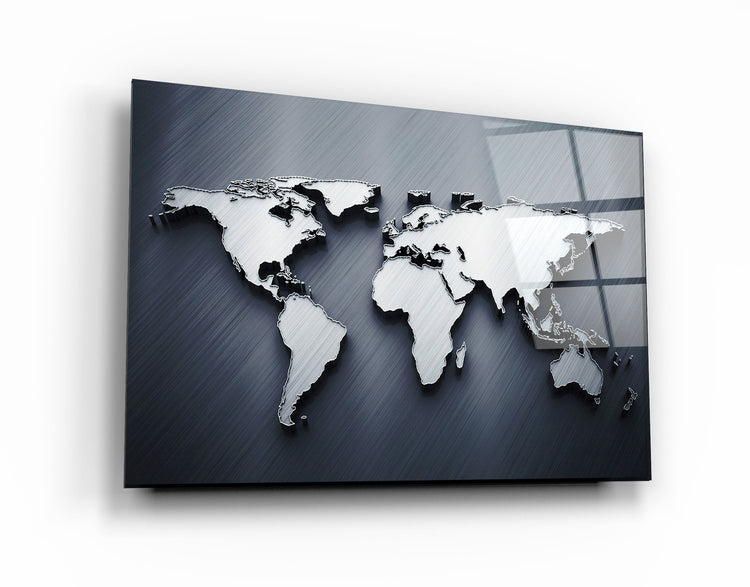 ・"Metallic Blue World Map"・Glass Wall Art | Artdesigna Glass Printing Wall Arts.