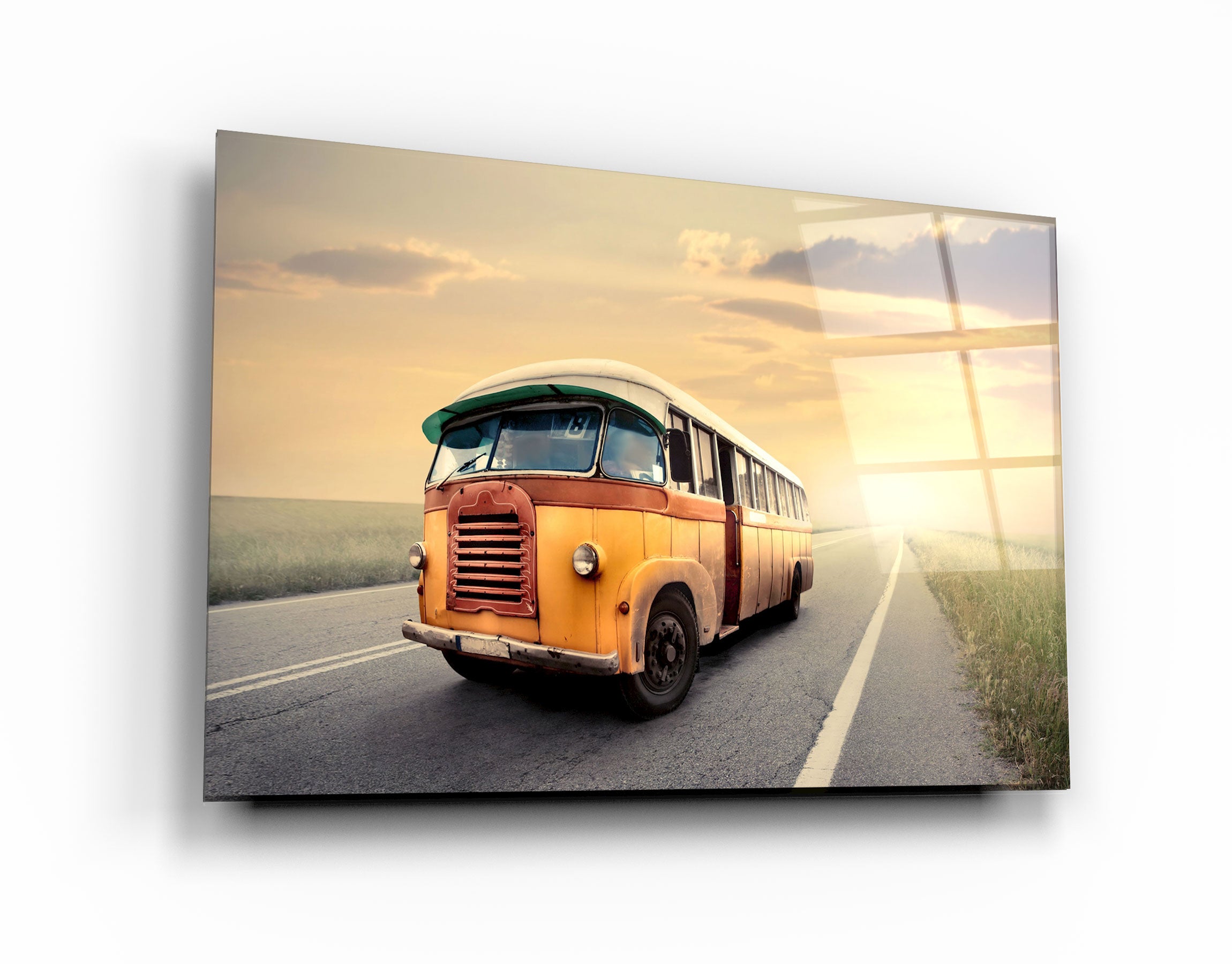 ・"The Vintage Bus With Sunset"・Glass Wall Art | Artdesigna Glass Printing Wall Arts.