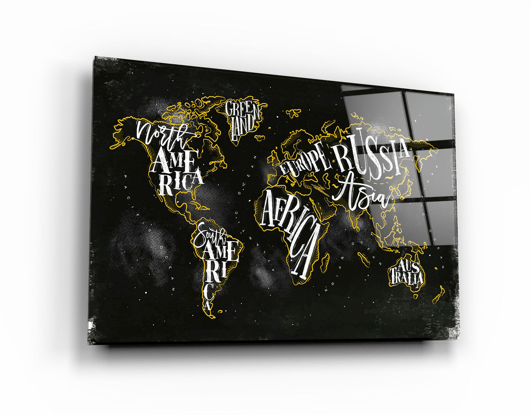 ・"World Map With Yellow Lines"・Glass Wall Art | Artdesigna Glass Printing Wall Arts.