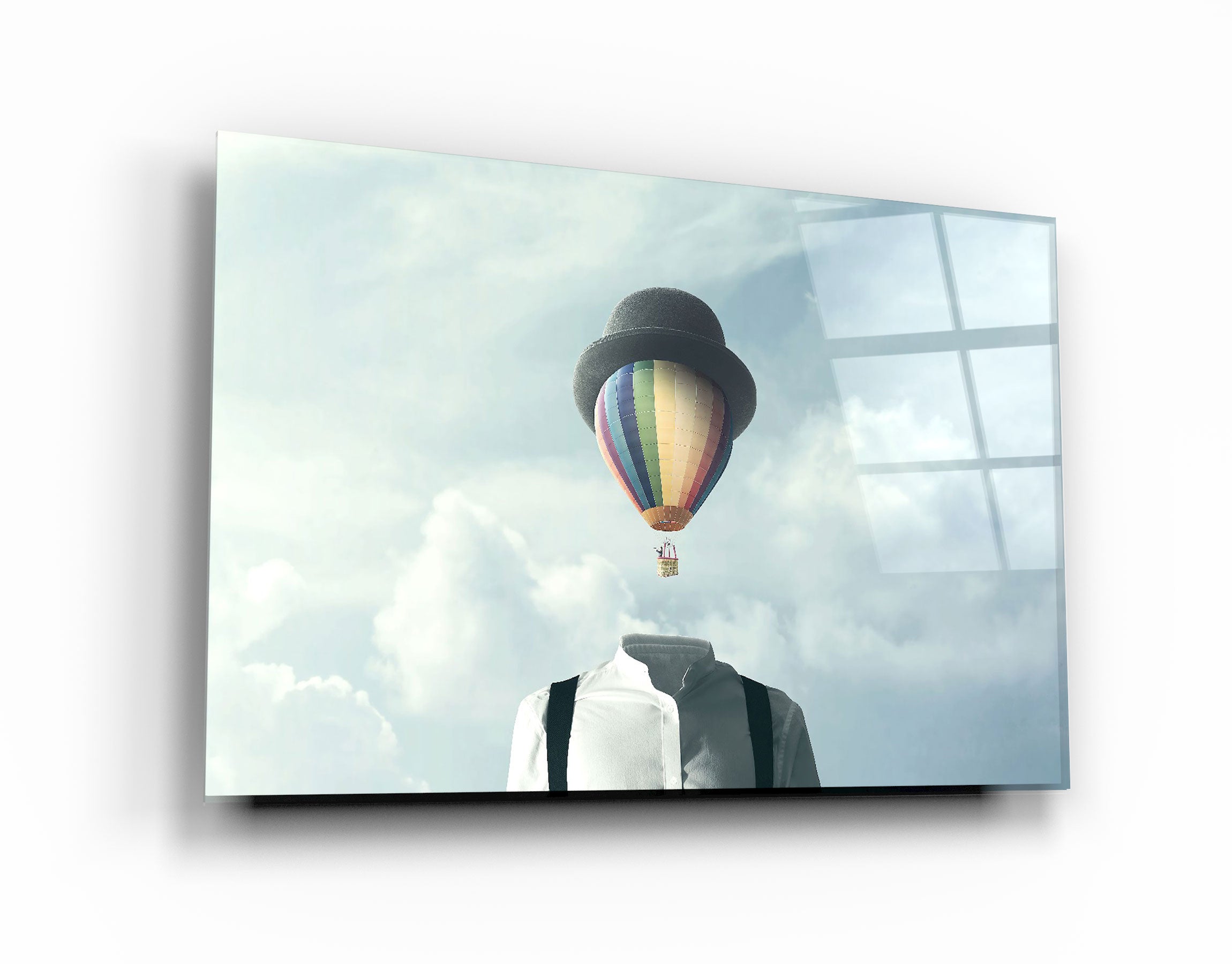 ・"Man With Hot Air Balloon Head"・Glass Wall Art | Artdesigna Glass Printing Wall Arts.