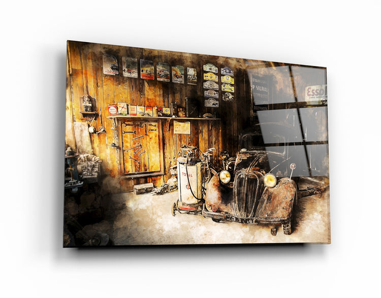 ・"Retro Old Garage"・Glass Wall Art | Artdesigna Glass Printing Wall Arts.