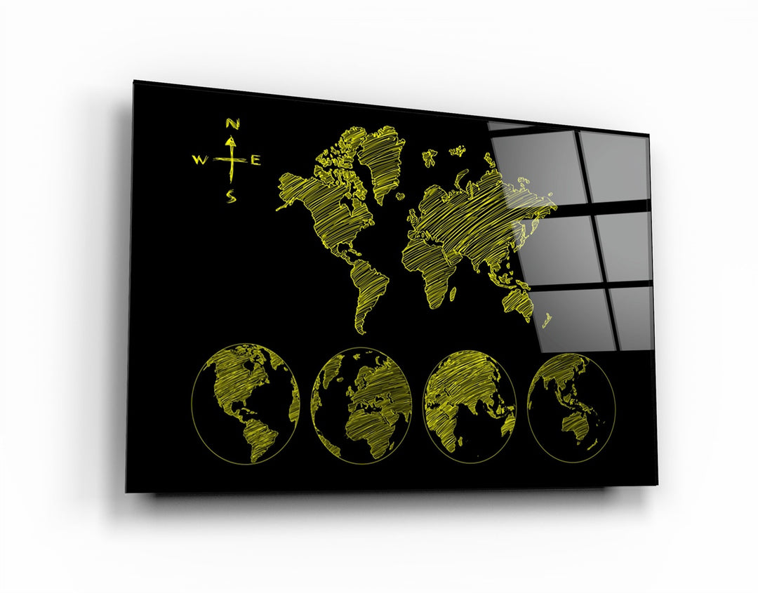 ・"World Map Black-Yellow"・Glass Wall Art | Artdesigna Glass Printing Wall Arts.