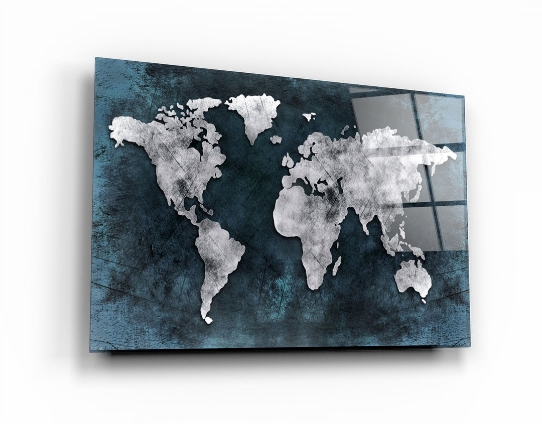 ・"World Map Blue-Silver"・Glass Wall Art | Artdesigna Glass Printing Wall Arts.