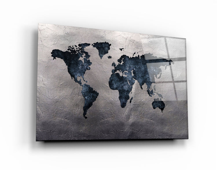 ・"World Map Blue-Silver2"・Glass Wall Art | Artdesigna Glass Printing Wall Arts.