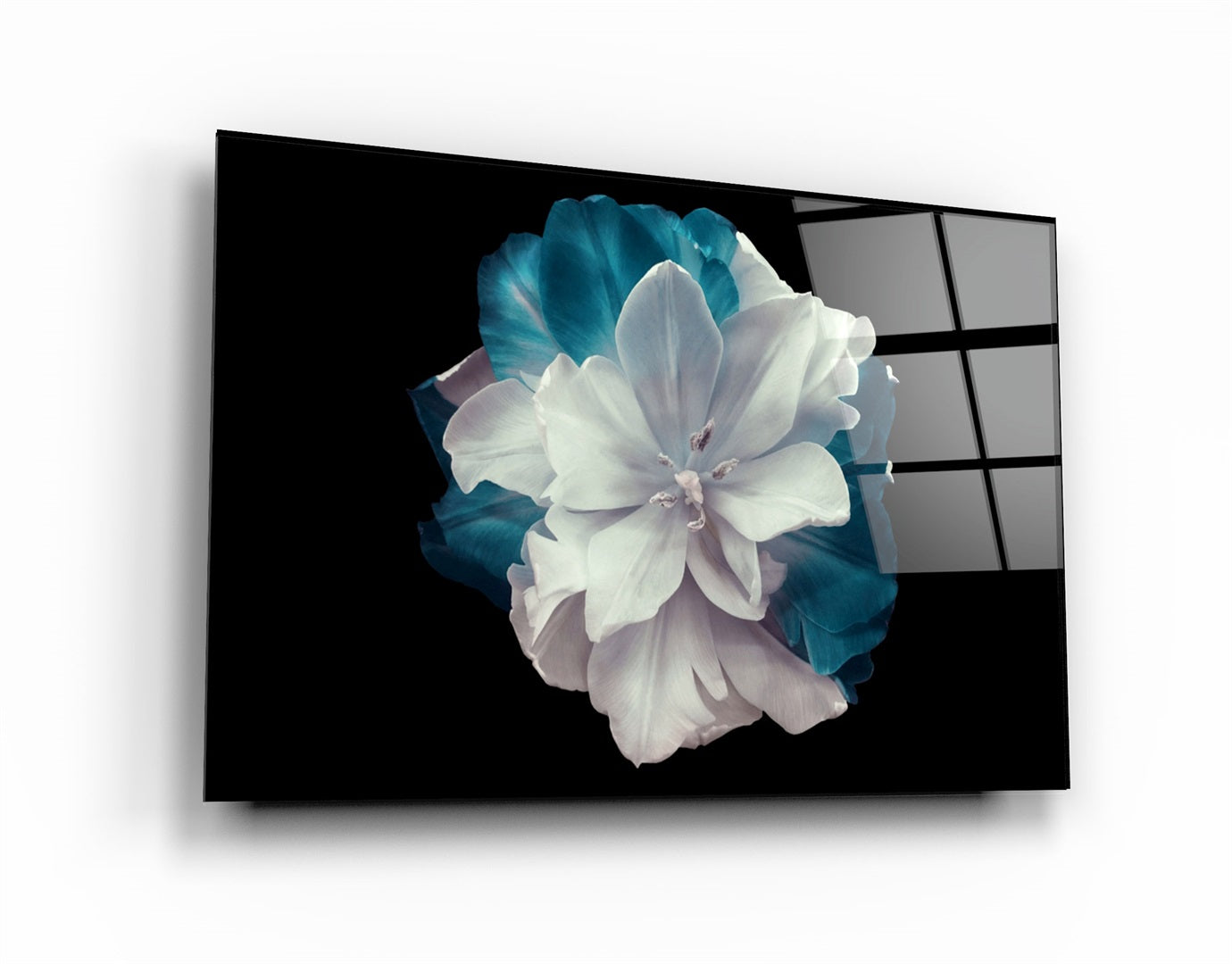 ・"Flower with Blue Leaves"・Glass Wall Art | Artdesigna Glass Printing Wall Arts.