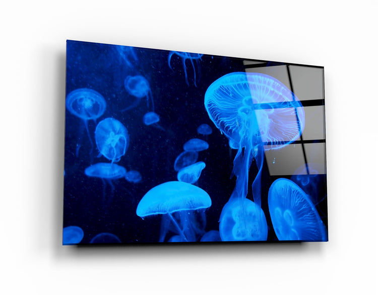 ・"Blue Jellyfish"・Glass Wall Art | Artdesigna Glass Printing Wall Arts.