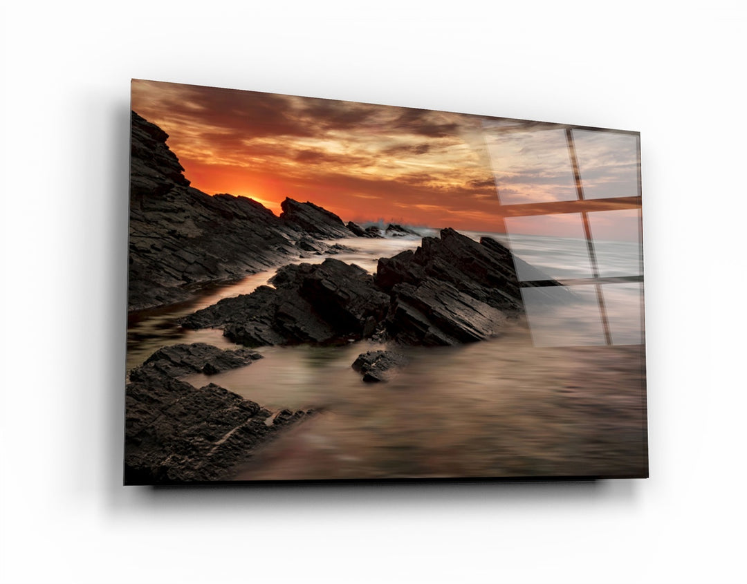 ・"Sharp Rocks and Sunset"・Glass Wall Art | Artdesigna Glass Printing Wall Arts.