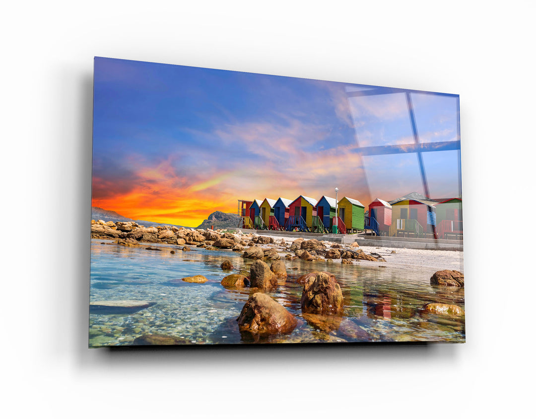 ・"Muizenberg beach huts wooden cabins at twilight in Cape Town South Africa"・Glass Wall Art